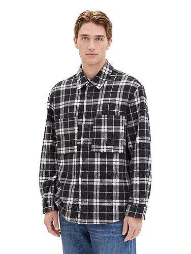 TOM TAILOR Denim Herren Relaxed Fit Fleecejacke mit Karo-Muster, black white classic check, L von TOM TAILOR Denim