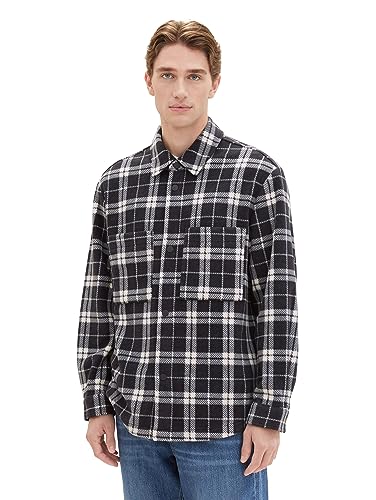 TOM TAILOR Denim Herren Relaxed Fit Fleecejacke mit Karo-Muster, black white classic check, S von TOM TAILOR Denim