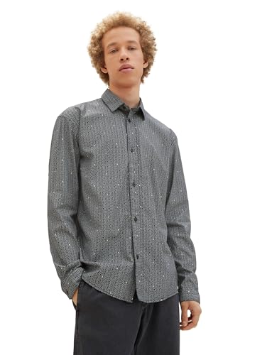 TOM TAILOR Denim Herren Relaxed Fit Hemd mit abstrakten Mustern, black grid shape print, M von TOM TAILOR Denim