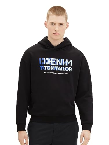 TOM TAILOR Denim Herren Relaxed Fit Hoodie Sweatshirt mit Logo-Print, Black, S von TOM TAILOR Denim