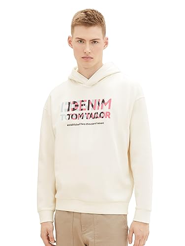 TOM TAILOR Denim Herren Relaxed Fit Hoodie Sweatshirt mit Logo-Print, Wool White, XXL von TOM TAILOR Denim