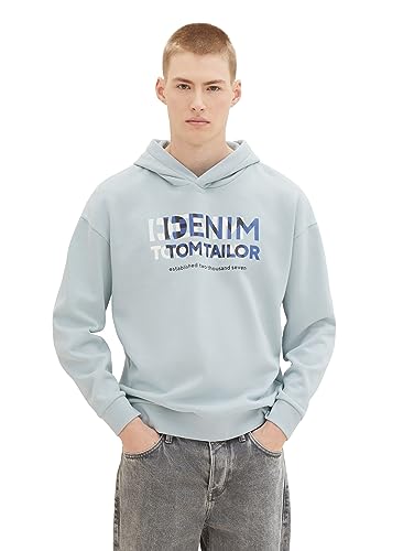 TOM TAILOR Denim Herren Relaxed Fit Hoodie Sweatshirt mit Logo-Print, dusty mint blue, L von TOM TAILOR Denim