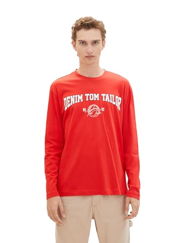 TOM TAILOR Denim Herren Relaxed Fit Langarmshirt mit Logo-Print, Clean Red, XL von TOM TAILOR Denim