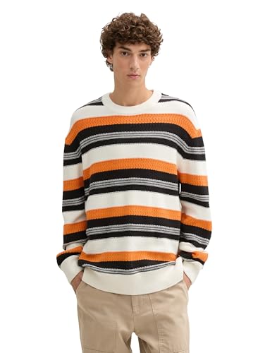 TOM TAILOR Denim Herren Relaxed Fit Strickpullover mit Streifenmuster, 36863 - Orange Black White Multistripe, XL von TOM TAILOR Denim