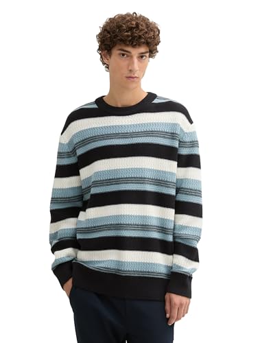 TOM TAILOR Denim Herren Relaxed Fit Strickpullover mit Streifenmuster, 36864 - White Mint Black Multi Stripe, M von TOM TAILOR Denim
