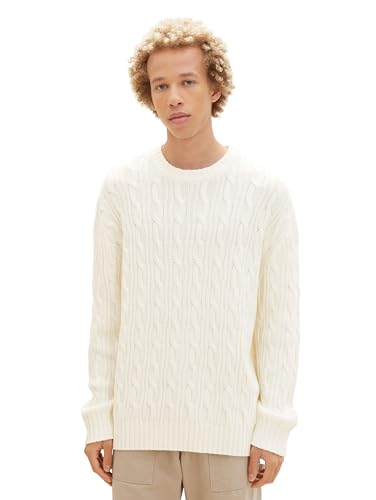 TOM TAILOR Denim Herren Relaxed Fit Strickpullover mit Zopfmuster, Wool White, L von TOM TAILOR Denim