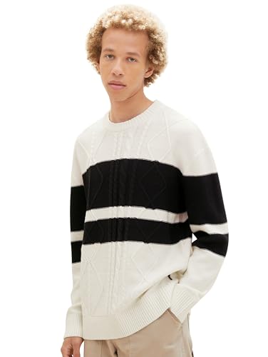 TOM TAILOR Denim Herren Relaxed Fit Strickpullover mit Zopfmuster, Wool White, XL von TOM TAILOR Denim
