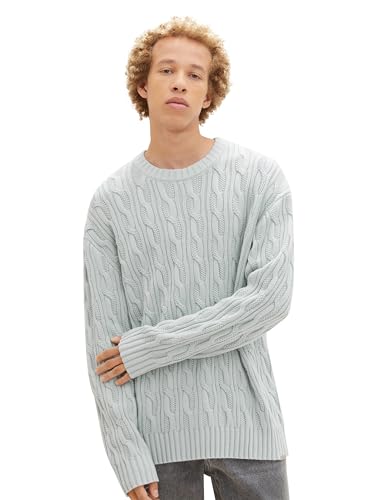TOM TAILOR Denim Herren Relaxed Fit Strickpullover mit Zopfmuster, dusty mint blue, XS von TOM TAILOR Denim
