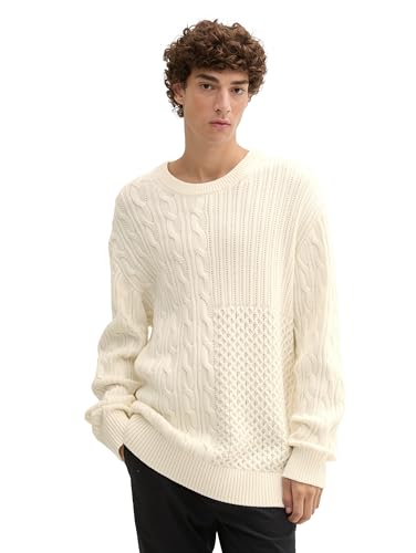 TOM TAILOR Denim Herren Relaxed Fit Strickpullover mit Zopfstruktur, 12906 - Wool White, L von TOM TAILOR Denim