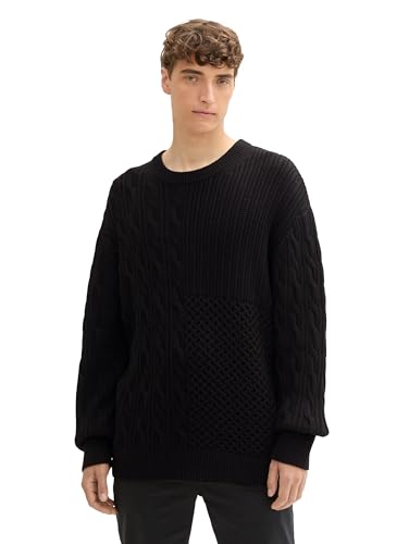 TOM TAILOR Denim Herren Relaxed Fit Strickpullover mit Zopfstruktur, 29999 - Black, M von TOM TAILOR Denim
