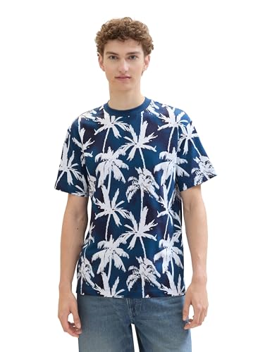 TOM TAILOR Denim Herren Relaxed Fit T-Shirt mit Palmen-Print, 35500 - Dark Color Run Palm Print, S von TOM TAILOR Denim