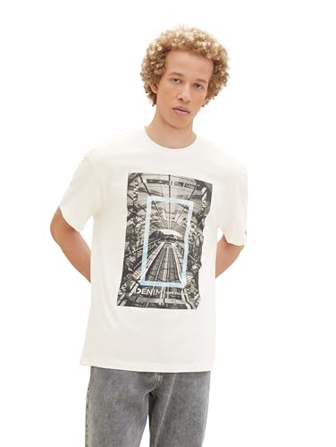 TOM TAILOR Denim Herren Relaxed Fit T-Shirt mit Print, Wool White, M von TOM TAILOR Denim
