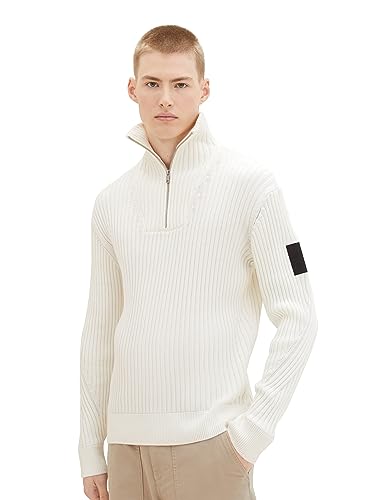 TOM TAILOR Denim Herren Ripp Troyer Pullover aus Baumwolle, Wool White, L von TOM TAILOR Denim