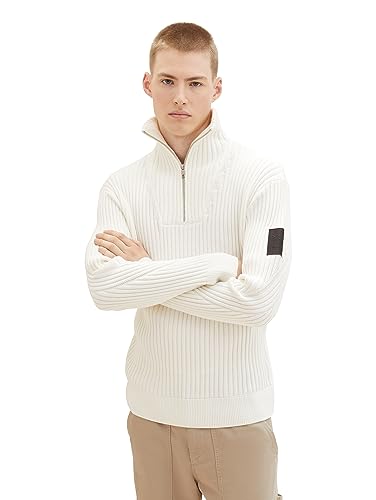 TOM TAILOR Denim Herren Ripp Troyer Pullover aus Baumwolle, Wool White, M von TOM TAILOR Denim