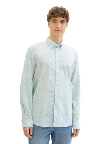 TOM TAILOR Denim Herren Slim Fit Poplin Hemd mit Allover-Print, sea foam multi mini wave, XL von TOM TAILOR Denim