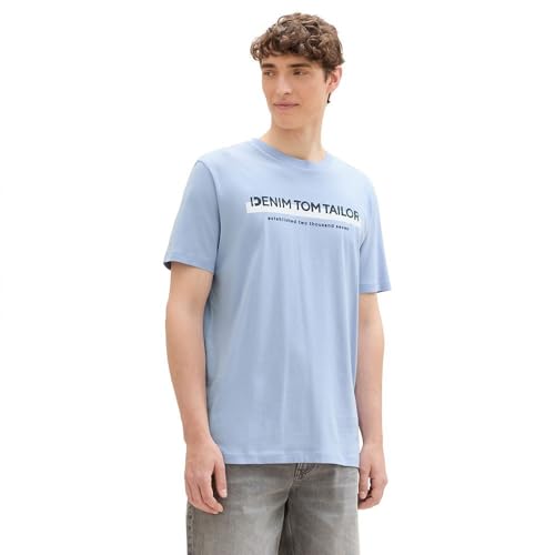 TOM TAILOR Denim Herren Slim Fit T-Shirt mit Logo-Print aus Baumwolle, Brunnera Blue, M von TOM TAILOR Denim