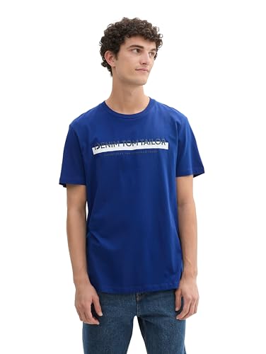 TOM TAILOR Denim Herren Slim Fit T-Shirt mit Logo-Print aus Baumwolle, space cadet blue, XL von TOM TAILOR Denim