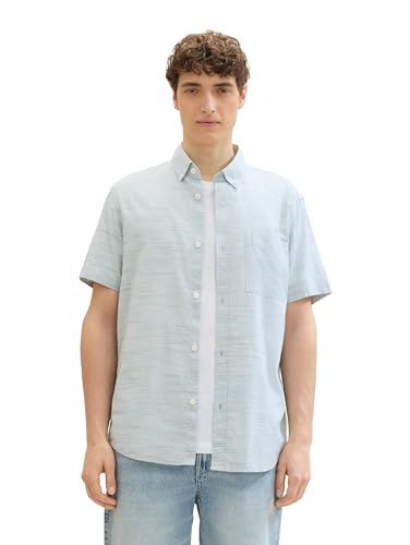 TOM TAILOR Denim Herren Sommer Kurzarm-Hemd mit Brusttasche, white navy green structure, L von TOM TAILOR Denim
