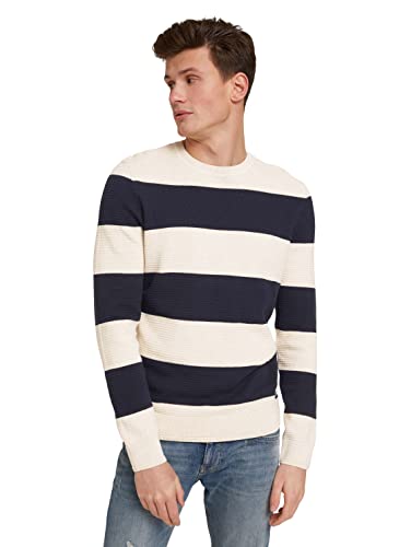 TOM TAILOR Denim Herren Strickpullover mit Blockstreifen 1029719, 29345 - Creme Navy Structured Stripe, XL von TOM TAILOR Denim