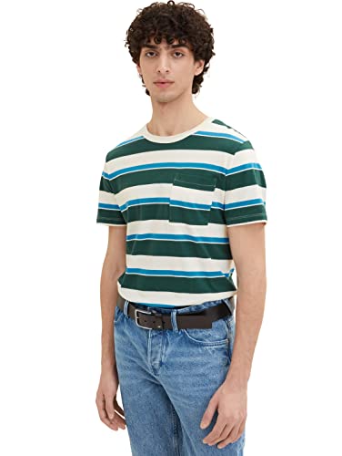 TOM TAILOR Denim Herren T-Shirt mit Streifen & Brusttasche 1033931, 30836 - Green Multi Thin Bold Stripe, L von TOM TAILOR Denim