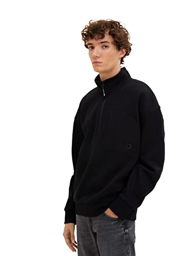 TOM TAILOR Denim Herren Troyer Sweatshirt mit Busttasche 1034818, 29999 - Black, L von TOM TAILOR Denim