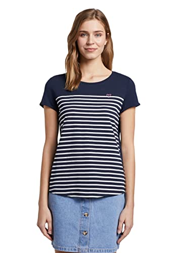 TOM TAILOR Denim Damen Streifen T-Shirt mit Herz-Stickerei auf der Brust von TOM TAILOR Denim