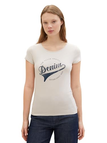 Tom Tailor Denim Damen Basic T-Shirt mit Logo-Print, 10479 - Beige Grey, XL von TOM TAILOR Denim