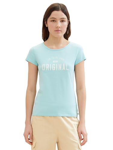 Tom Tailor Denim Damen Basic T-Shirt mit Logo-Print, 13117 - Pastel Turquoise, XL von TOM TAILOR Denim