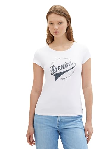 Tom Tailor Denim Damen Basic T-Shirt mit Logo-Print, 20000 - White, S von TOM TAILOR Denim
