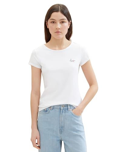 Tom Tailor Denim Damen Basic T-Shirt mit Schriftzug, 20000 - White, L von TOM TAILOR Denim