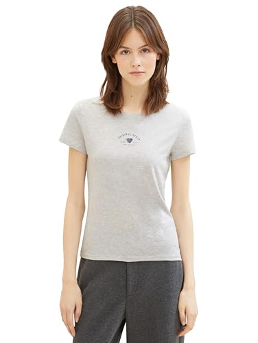 Tom Tailor Denim Damen Basic T-Shirt mit Schriftzug, 34890 - Beige Grey Melange, L von TOM TAILOR Denim