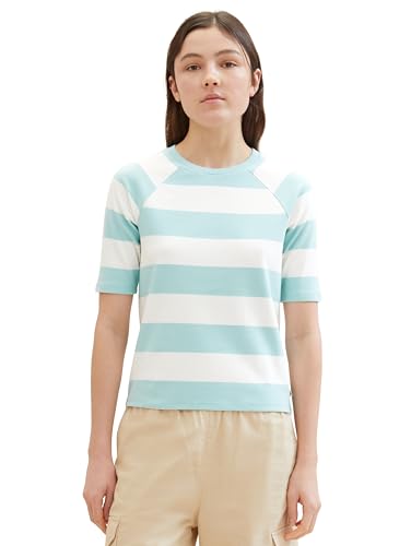 Tom Tailor Denim Damen Basic T-Shirt mit Streifen, 34668 - Mint White Block Stripe, L von TOM TAILOR Denim