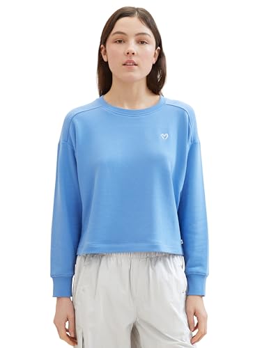 Tom Tailor Denim Damen Cropped Basic Sweatshirt mit Herz-Print, 18712 - Sicilian Blue, XXL von TOM TAILOR Denim