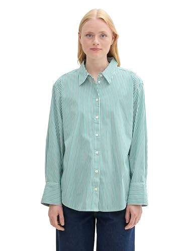 Tom Tailor Denim Damen Loose Fit Basic Hemdbluse mit Streifen, 35947 - Green White Vertical Stripe, XL von TOM TAILOR Denim