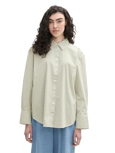 Tom Tailor Denim Damen Loose Fit Basic Hemdbluse mit Streifen, 36112 - Olive White Stripe, XL von TOM TAILOR Denim