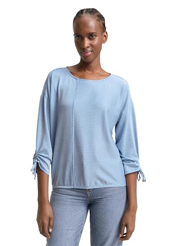 Tom Tailor Denim Damen Loose Fit Longsleeve mit Streifen & Raffarm, 31347 - Small Mid Blue White Stripe, XXL von TOM TAILOR Denim