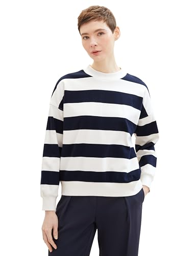 Tom Tailor Denim Damen Loose Fit Sweatshirt mit Rundhalsausschnitt, 34669 - Navy White Block Stripe, S von TOM TAILOR Denim