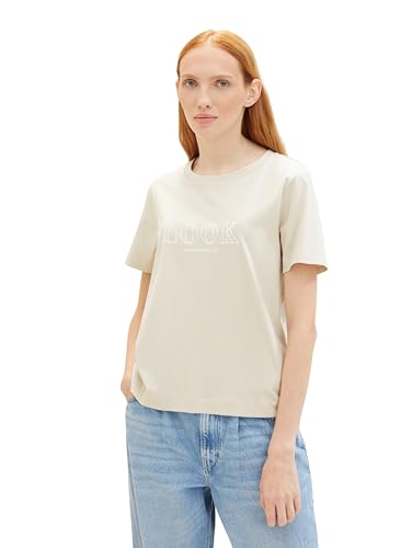 Tom Tailor Denim Damen Loose Fit T-Shirt mit Schriftzug, 10336 - Light Cashew Beige, XXL von TOM TAILOR Denim