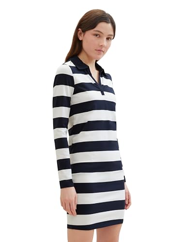 Tom Tailor Denim Damen Mini Jersey Kleid mit Kragen & Streifen, 34669 - Navy White Block Stripe, XL von TOM TAILOR Denim