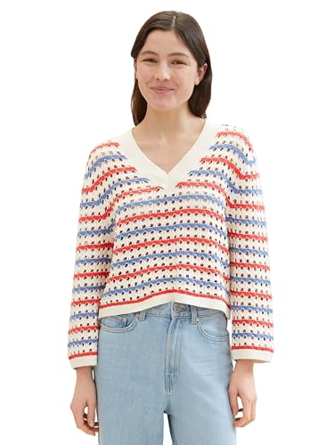 Tom Tailor Denim Damen Pullover mit V-Ausschnitt, 34684 - Blue Red White Stripe, L von TOM TAILOR Denim