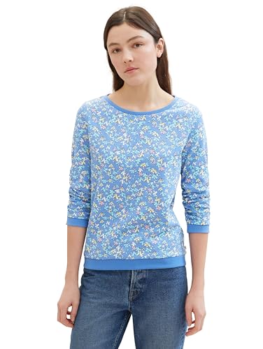 Tom Tailor Denim Damen Sweatshirt mit Raffarm & Muster, 35697 - Mid Blue Flower Print, XL von TOM TAILOR Denim