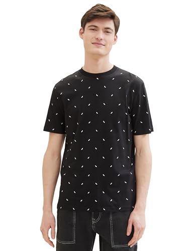 Tom Tailor Denim Herren Basic T-Shirt mit Allover-Print, 34831 - Black White Mini Leaf Print, XL von TOM TAILOR Denim