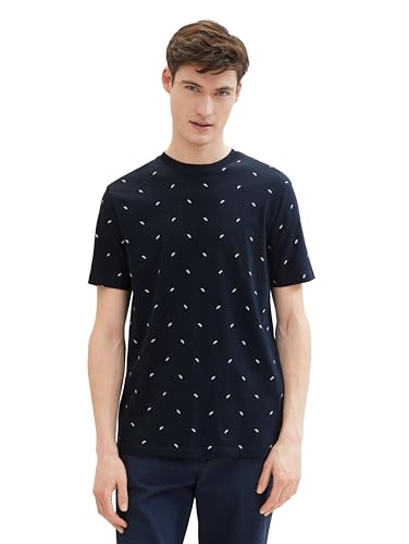 Tom Tailor Denim Herren Basic T-Shirt mit Allover-Print, 34833 - Navy White Mini Leaf Print, L von TOM TAILOR Denim