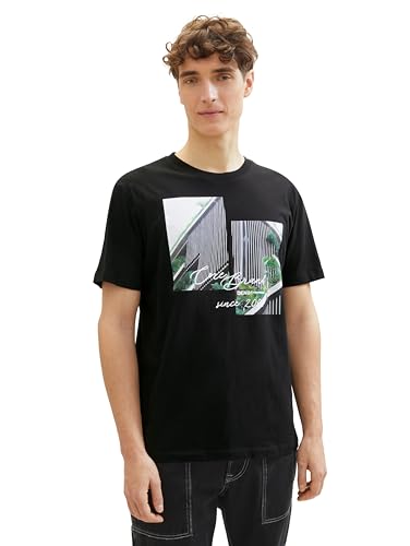 Tom Tailor Denim Herren Basic T-Shirt mit Foto-Print, 29999 - Black, L von TOM TAILOR Denim