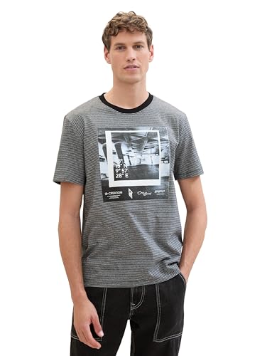 Tom Tailor Denim Herren Basic T-Shirt mit Foto-Print und Streifen, 34991 - Black Melange Mini Stripe, L von TOM TAILOR Denim