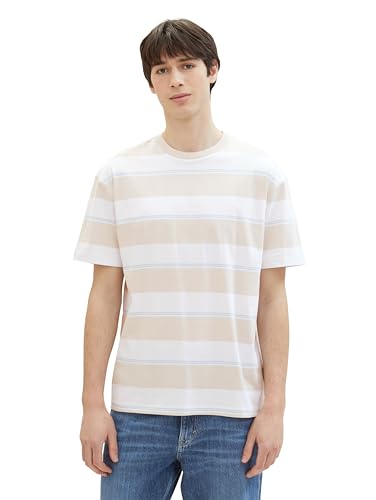 Tom Tailor Denim Herren Basic T-Shirt mit Streifen, 34972 - Beige White Blue Big Stripe, XL von TOM TAILOR Denim