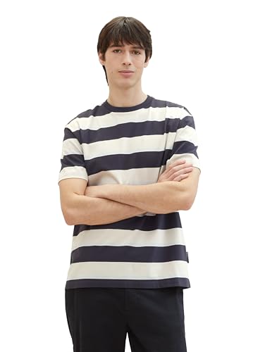 Tom Tailor Denim Herren Basic T-Shirt mit Streifen, 34973 - Grey Beige Blue Big Stripe, M von TOM TAILOR Denim