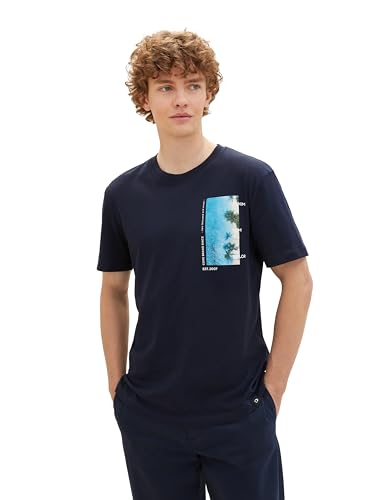 Tom Tailor Denim Herren Basic T-Shirt mit sommerlichem Print, 10668 - Sky Captain Blue, L von TOM TAILOR Denim