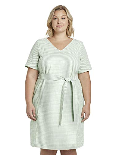 TOM TAILOR MY TRUE ME Damen Plussize Gestreiftes Kleid mit Bindegürtel n der Taille 1018817, 22780 - Light Green White Stripe, 48 Große Größen von TOM TAILOR