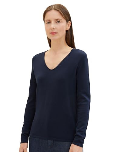 TOM TAILOR Damen Basic Strickpullover mit V-Ausschnitt, 10360 - Real Navy Blue, S von TOM TAILOR